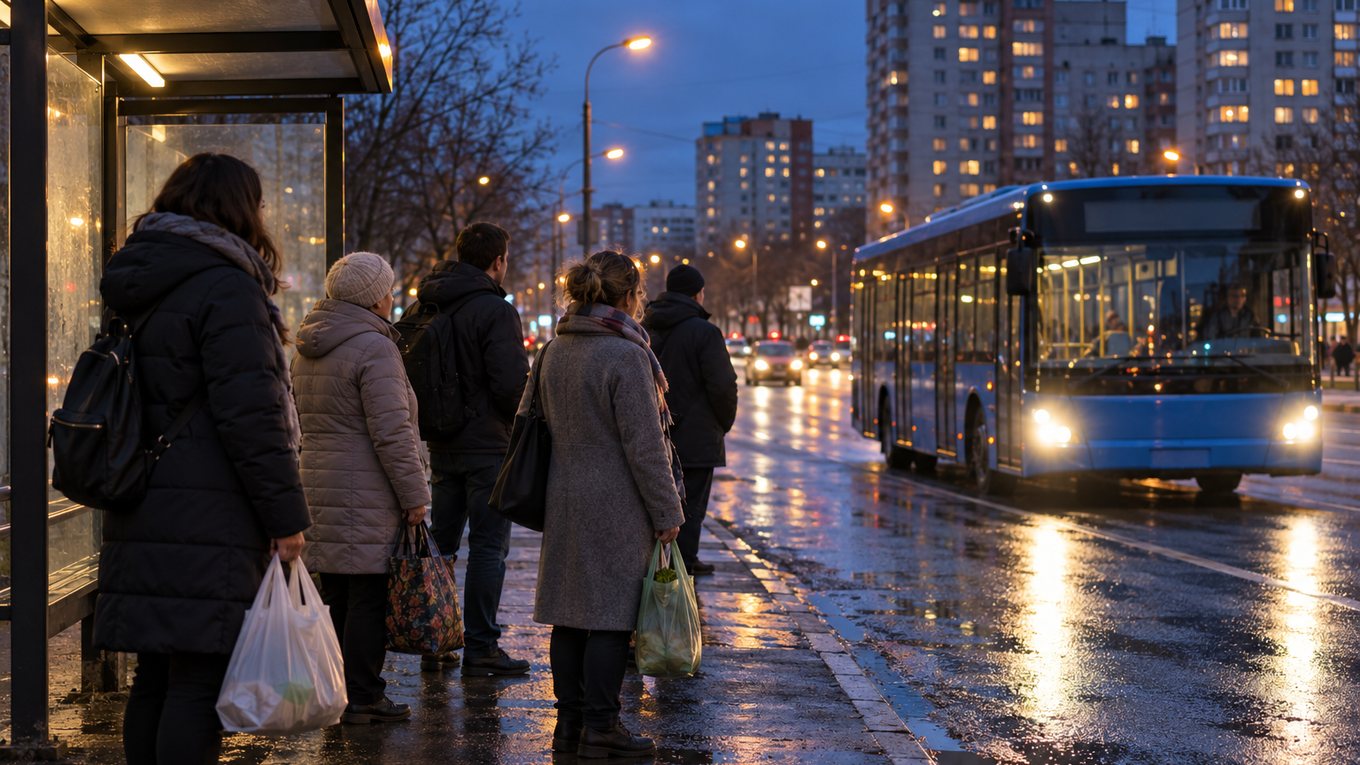 Вечерняя остановка общественного транспорта у края жилого района
