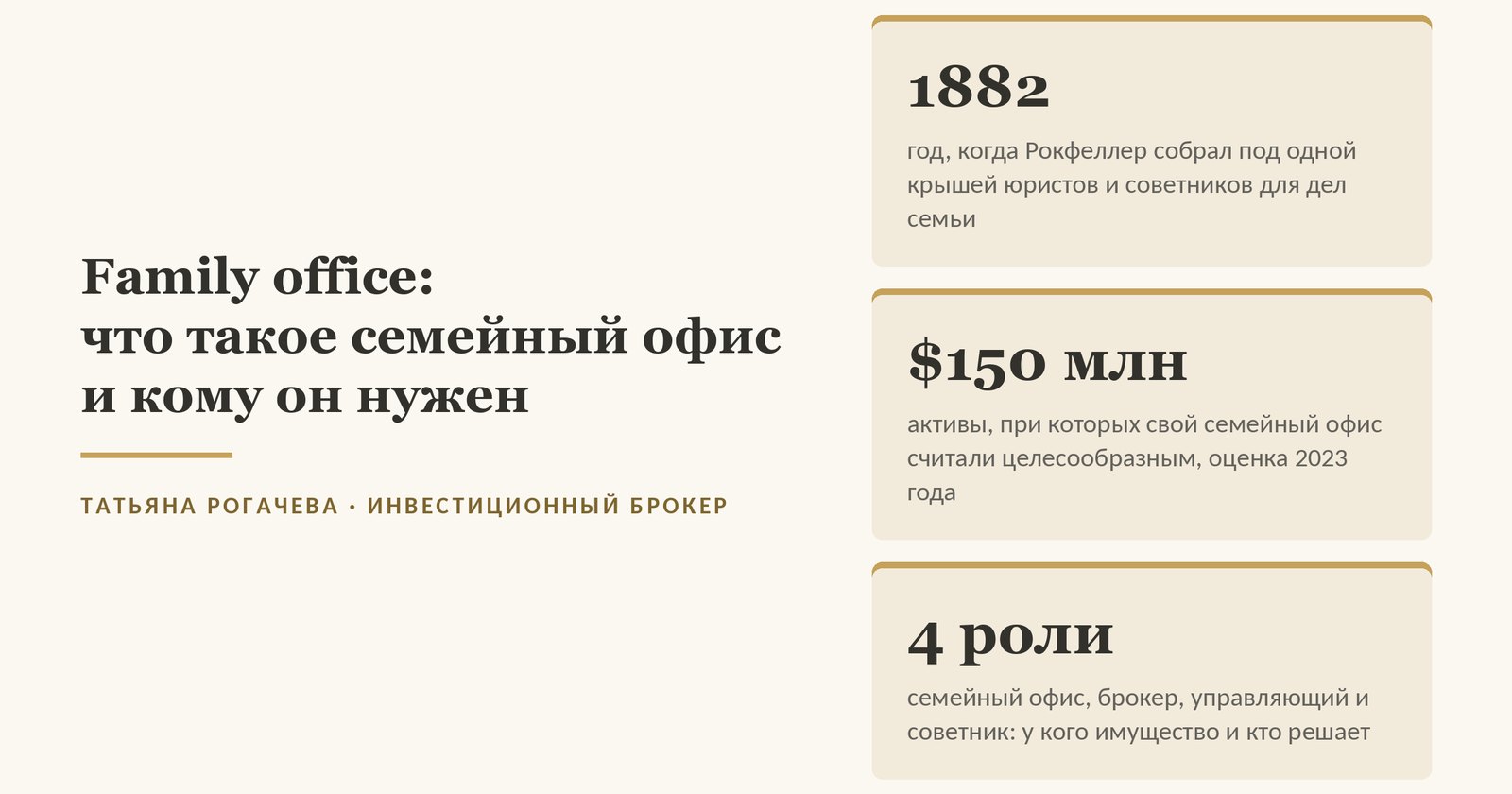 Обложка статьи о family office: в 1882 году Рокфеллер собрал команду для дел семьи, свой семейный офис по оценке 2023 года считали целесообразным при активах от $150 млн, 4 роли - семейный офис, брокер, управляющий и советник