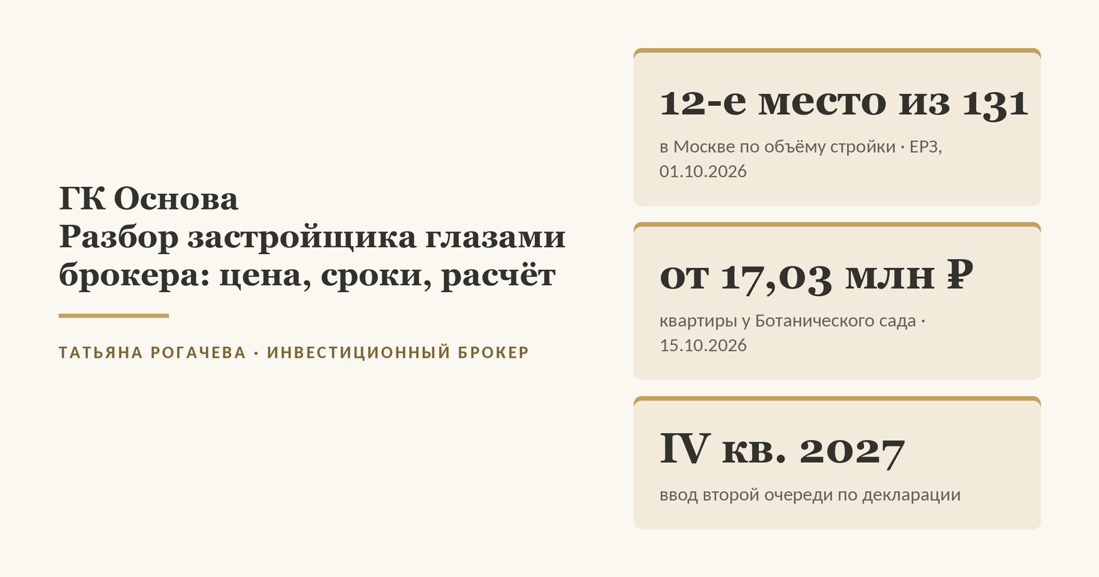 Обложка разбора застройщика ГК Основа: место в московском списке ЕРЗ по объёму строительства, цена квартир от 17,03 млн рублей на 15 октября 2026 года и ввод второй очереди в IV квартале 2027 года. Изображение иллюстративное