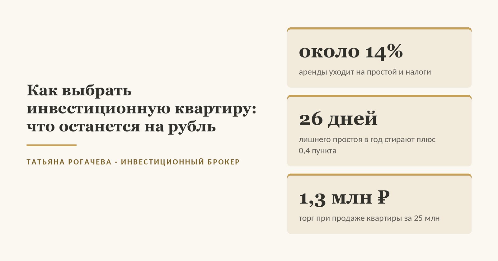Обложка статьи о том, как выбрать инвестиционную квартиру: по нашему расчёту октября 2026 года на двух однушках по 25 млн около 14% аренды уходит на простой и налоги, 26 лишних дней простоя в год стирают преимущество 0,4 пункта в объявлении, а торг при продаже - около 1,3 млн ₽. Изображение иллюстративное