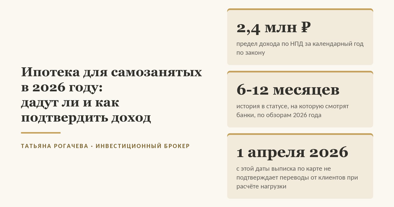 Обложка статьи об ипотеке для самозанятых: предел дохода по НПД 2,4 миллиона рублей за календарный год, история в статусе от 6 до 12 месяцев по обзорам 2026 года и правило с 1 апреля 2026 года - при расчёте долговой нагрузки выписка по карте не подтверждает переводы от клиентов