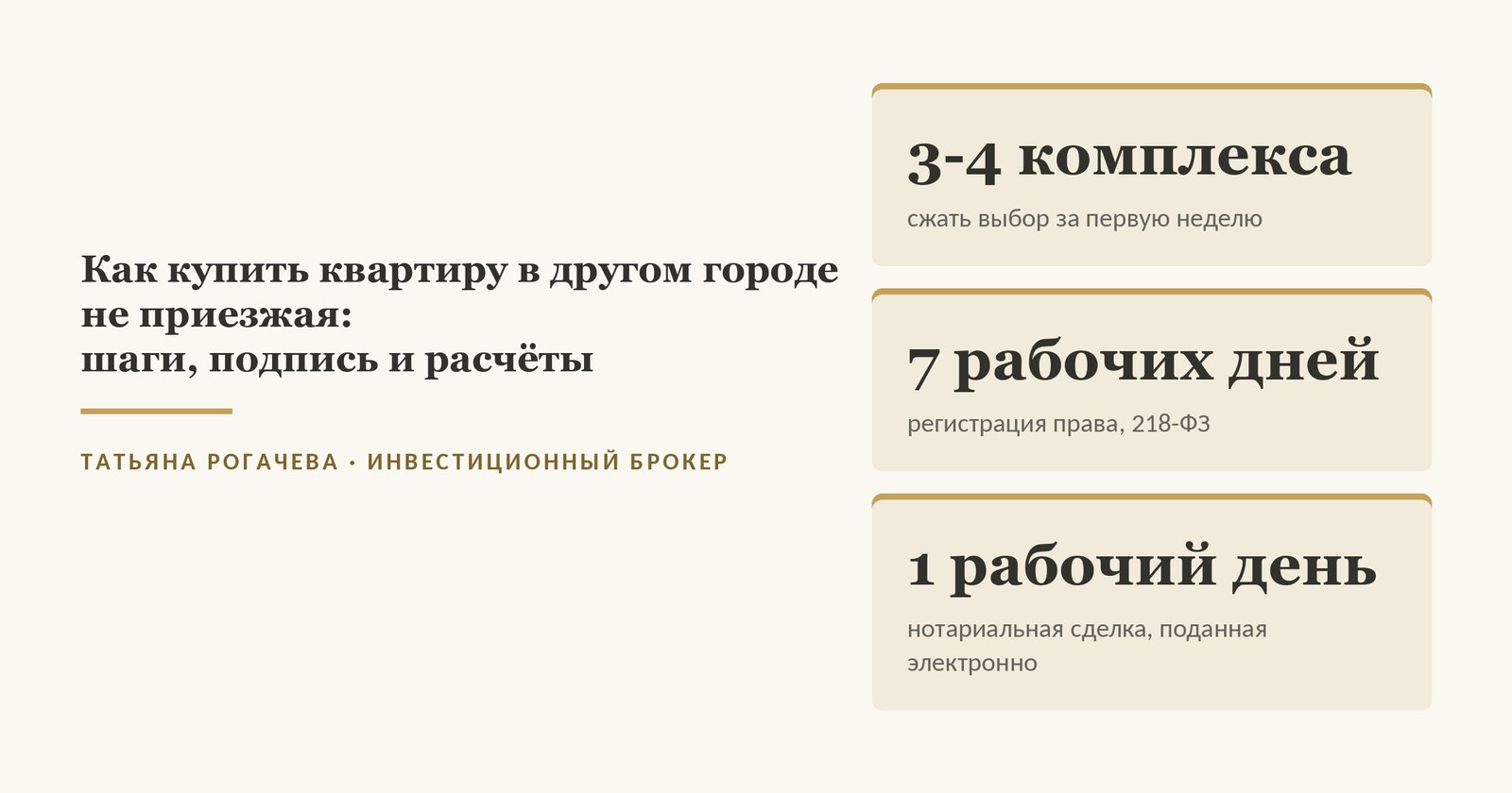 Обложка статьи о том, как купить квартиру в другом городе, не приезжая: три-четыре комплекса за первую неделю выбора, семь рабочих дней на регистрацию права и один рабочий день для нотариальной сделки, поданной электронно. Изображение иллюстративное