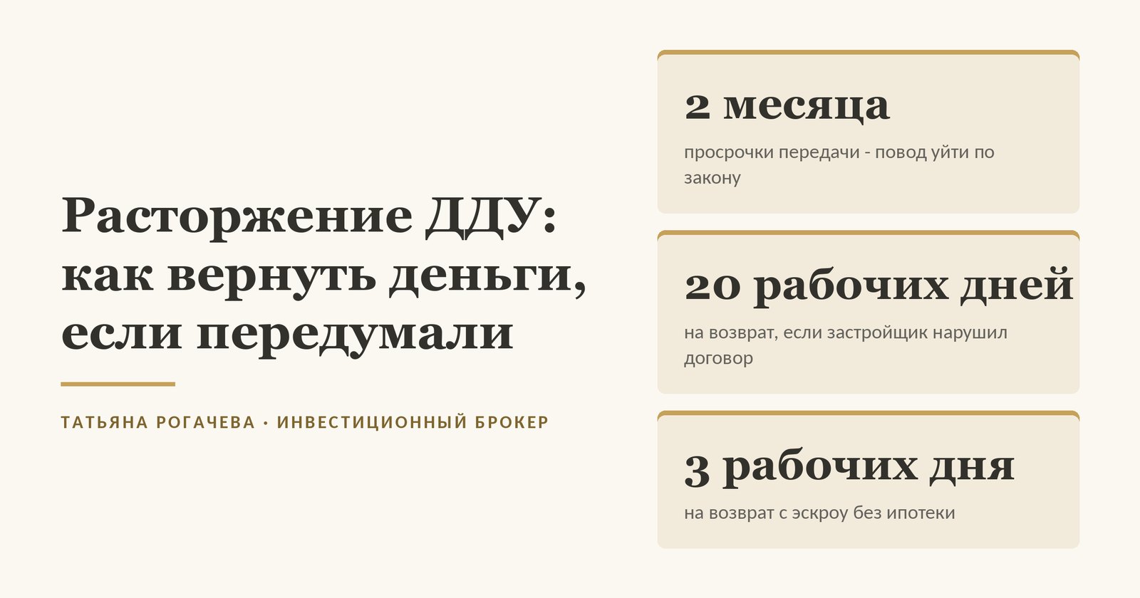 Обложка статьи о расторжении ДДУ: два месяца просрочки передачи квартиры дают дольщику право отказаться от договора, двадцать рабочих дней у застройщика на возврат денег при таком отказе, три рабочих дня у банка на возврат со счёта эскроу, если ДДУ без ипотеки. Изображение иллюстративное
