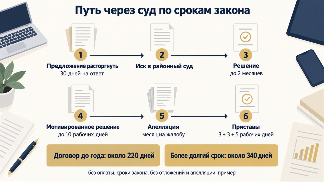 Схема: шесть шагов выселения через суд со сроками - 30 дней на ответ на предложение расторгнуть, иск в районный суд, решение до двух месяцев, мотивированное решение до 10 рабочих дней, месяц на апелляцию, у приставов 3, 3 и 5 рабочих дней; итог по договору до года около 220 дней, по более долгому около 340 дней без оплаты, пример