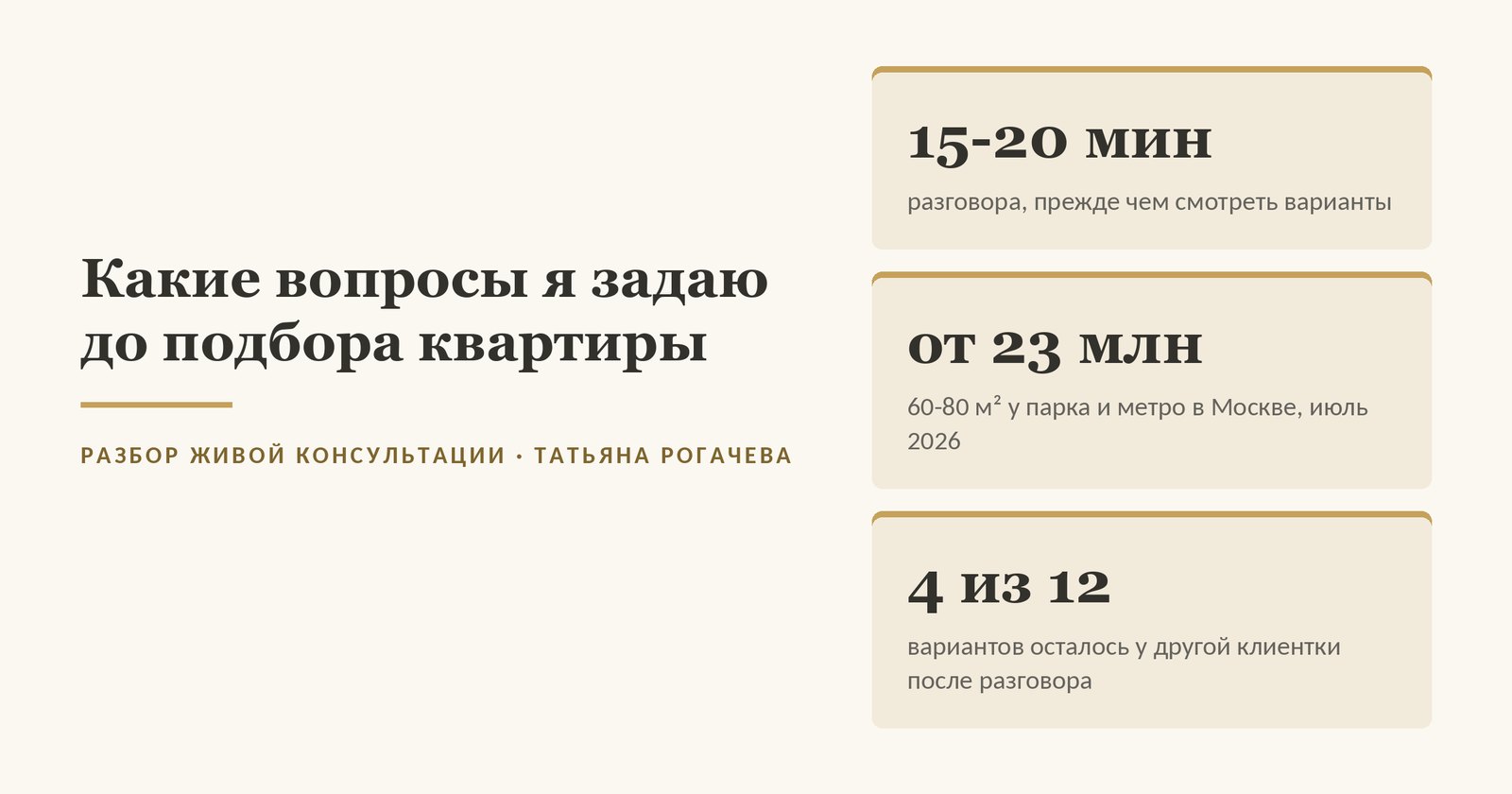 Обложка разбора: какие вопросы брокер задаёт до подбора квартиры; разговор 15-20 минут до показа вариантов, подборка от 23 млн за 60-80 м² у парка и метро в Москве в июле 2026 года развернула поиск к области, у другой клиентки из 12 вариантов осталось 4