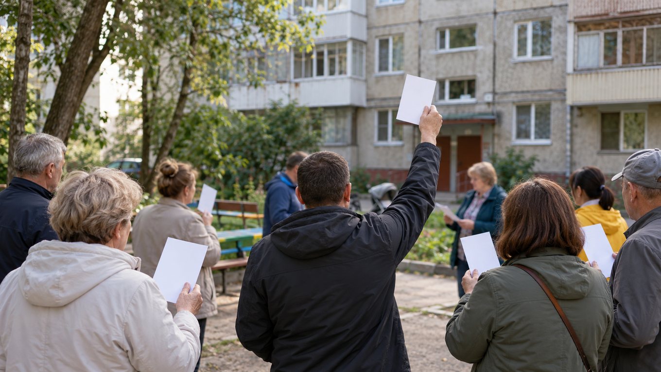 Собрание жильцов старого многоквартирного дома, люди держат бюллетени для голосования