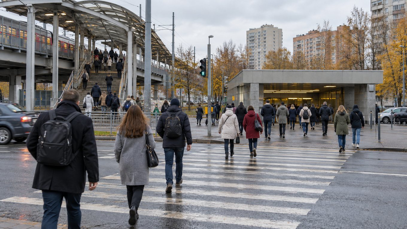 Пассажиры выходят с наземной платформы и переходят улицу по пешеходному переходу к входу в метро