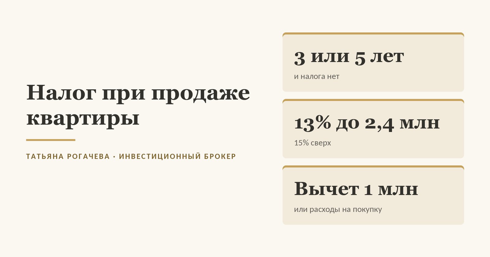 Налог при продаже квартиры: срок владения 3 или 5 лет, ставка 13 процентов до 2,4 млн и 15 процентов сверх, вычет 1 млн или расходы на покупку