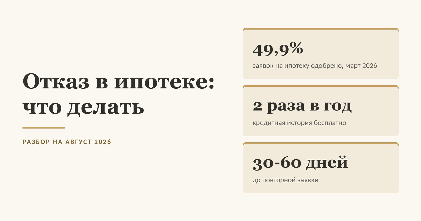 Отказ в ипотеке: банки одобряют около половины заявок, причина отказа фиксируется в кредитной истории, повторная заявка через 30-60 дней
