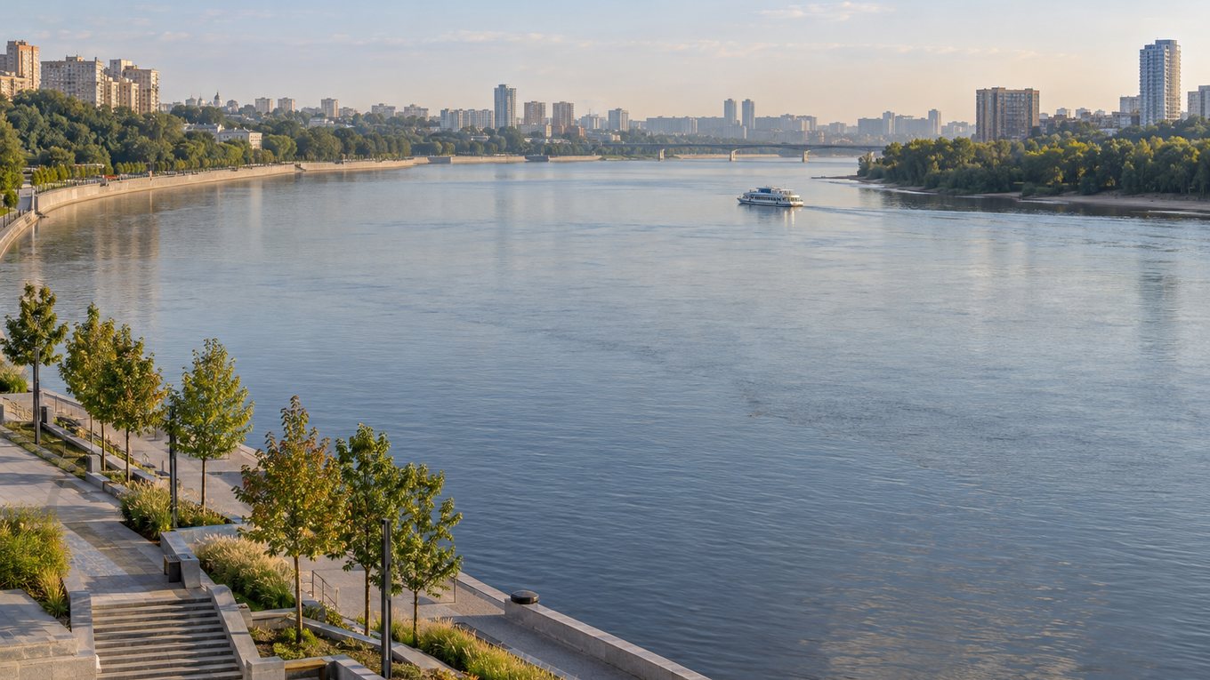 Широкая городская река, благоустроенная набережная и речное судно вдалеке. Изображение иллюстративное