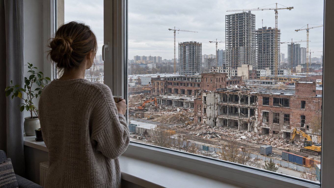 Женщина у окна квартиры смотрит на площадку, где на месте старых цехов стоят краны и первые корпуса