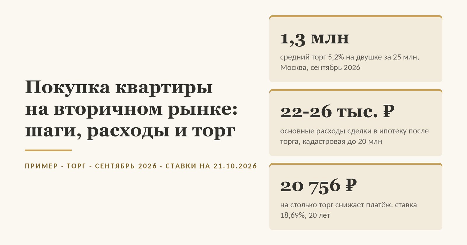 Обложка статьи о покупке квартиры на вторичном рынке по шагам: условный пример на двушке за 25 млн при своих 5 млн. Средний торг 5,2% от цены в объявлении (вторичка Москвы, сентябрь 2026 года, данные агентства недвижимости) - около 1,3 млн. Основные расходы сделки в ипотеку после торга - 22-26 тыс. руб. при кадастровой стоимости не больше 20 млн. Торг снижает платёж на 20 756 руб. в месяц при ставке вторичного рынка 18,69% (данные на 21 октября 2026 года) на 20 лет