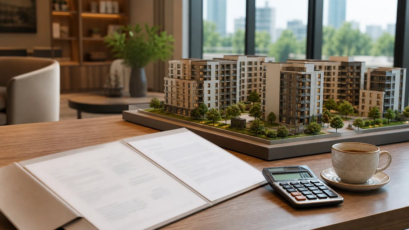 Стол в офисе продаж новостройки: раскрытая папка с договором, калькулятор, чашка кофе и макет жилого квартала у окна