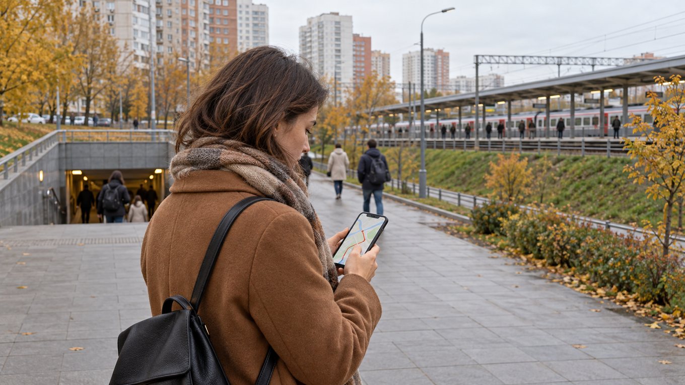 Человек на улице сверяет маршрут по карте в телефоне