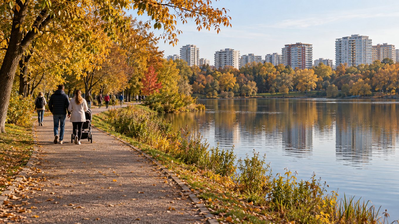 Прогулочная дорожка вдоль пруда, вдали многоэтажные дома