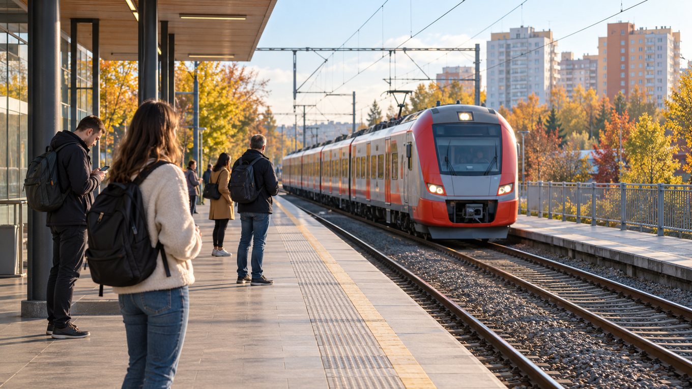 Утренняя платформа, к ней подходит поезд, пассажиры ждут посадки
