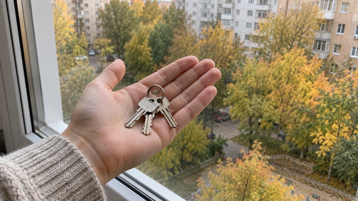 Связка ключей на ладони у окна с видом на двор, изображение иллюстративное
