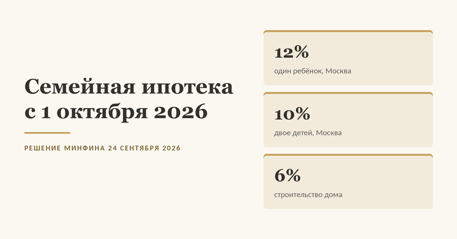 Семейная ипотека с 1 октября 2026 в Москве: 12 процентов с одним ребёнком, 10 процентов с двумя, 6 процентов на строительство дома