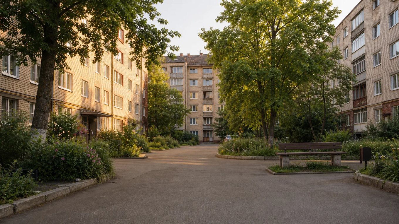 Тихий двор небольшого российского города вечером: пятиэтажные дома, взрослые деревья, скамейка, ни одной стройки