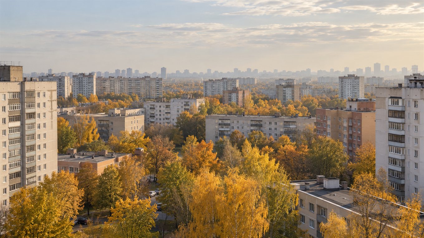 Вид из окна на московские многоэтажки и далёкий центр в дымке - однокомнатная квартира одного размера стоит по-разному в разных округах
