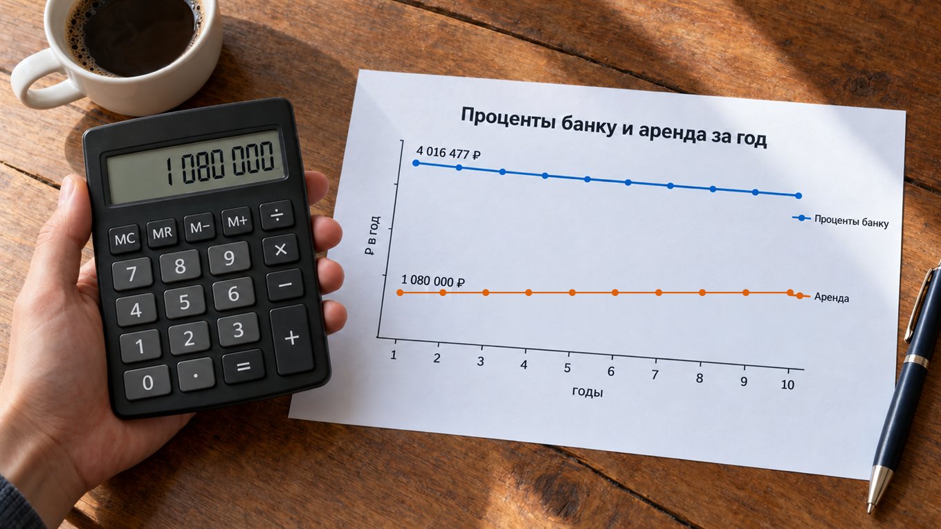 Рука с калькулятором над графиком с двумя линиями: аренда и проценты по ипотеке