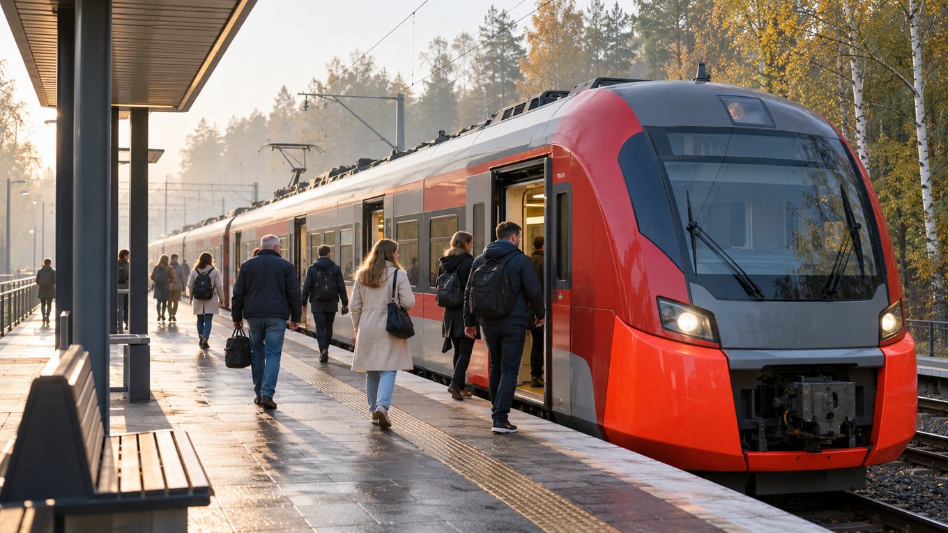 Пассажиры на утренней пригородной платформе у электропоезда