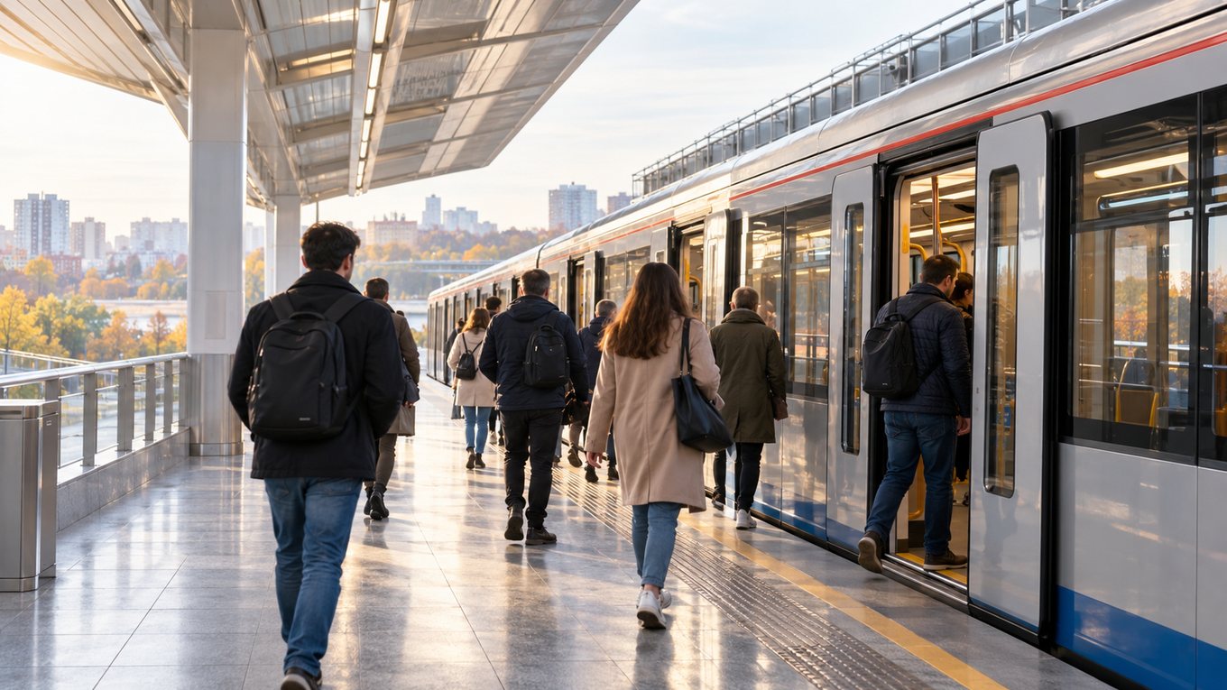 Пассажиры утром на светлой наземной станции метро под крышей