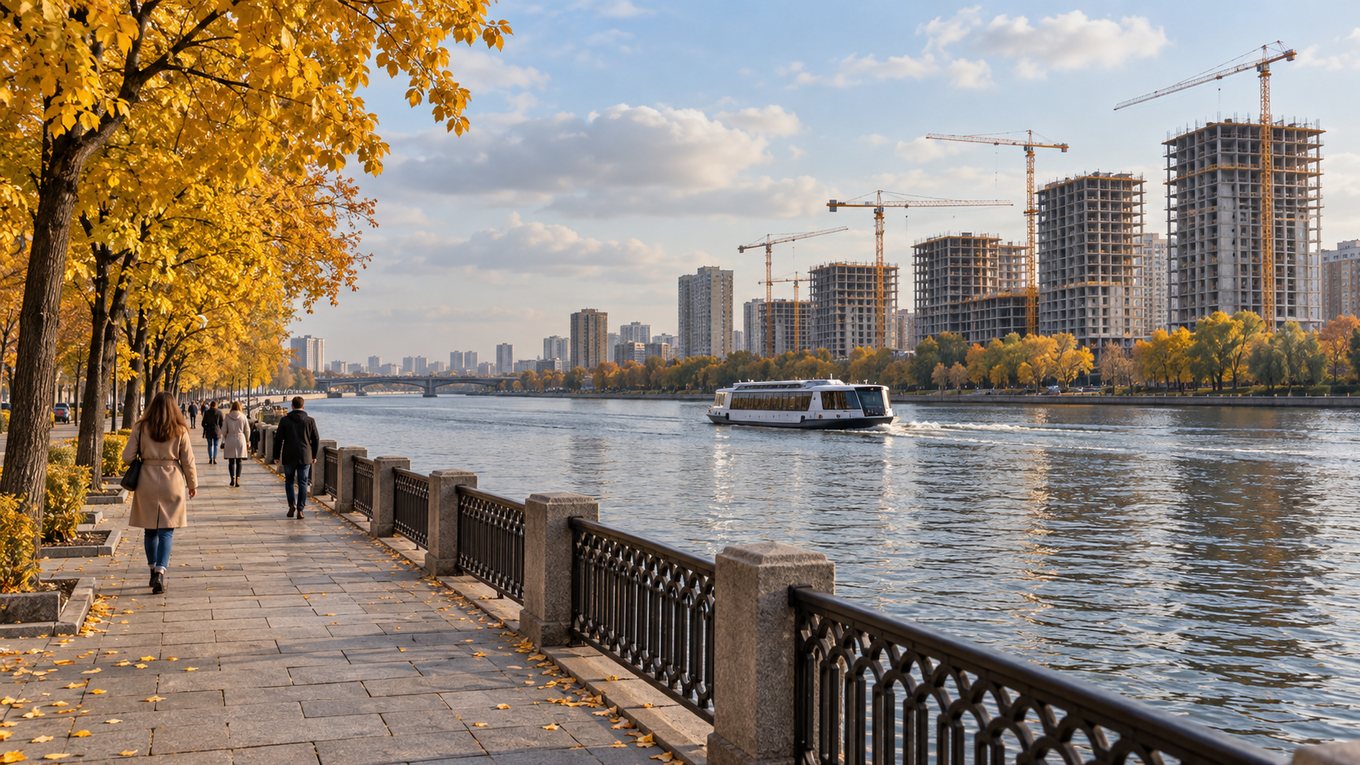 Широкая река в черте города осенним днём: прогулочная набережная, вдали речной трамвай, на заднем плане краны над строящимися высокими домами, без надписей и логотипов. Изображение иллюстративное