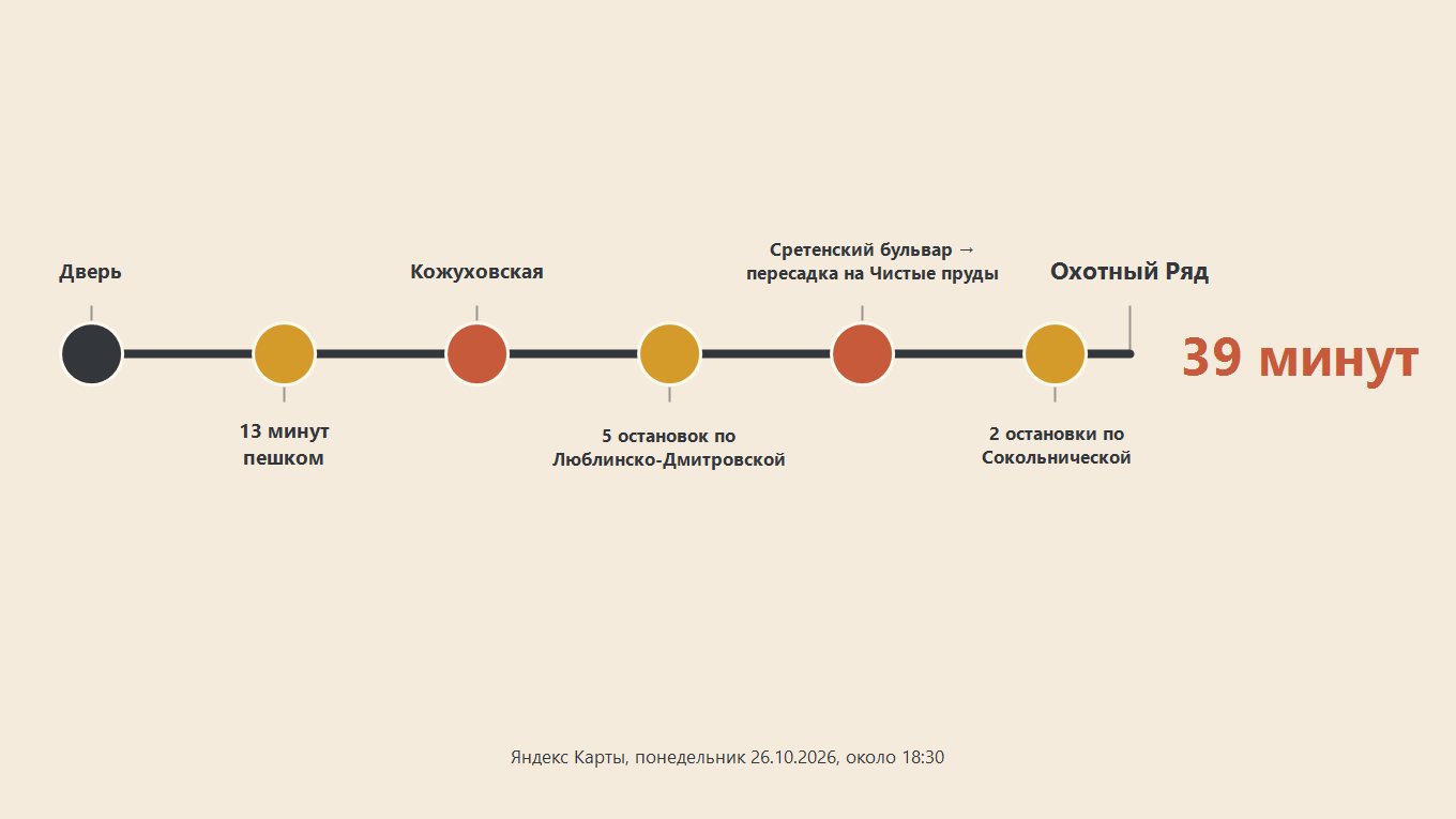 Плоская инфографика-лента маршрута от двери до станции Охотный Ряд: 13 минут пешком до Кожуховской, 5 остановок по Люблинско-Дмитровской до Сретенского бульвара, пересадка, 2 остановки по Сокольнической, всего 39 минут. Изображение иллюстративное