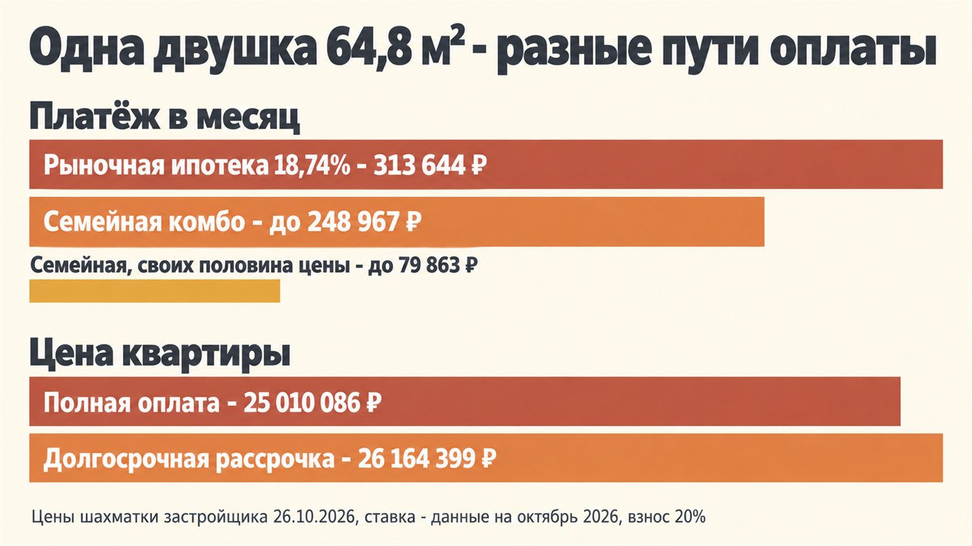 Плоская инфографика: горизонтальные полосы платежа за двушку 64,8 м² - рыночная ипотека 18,74% 313 644 ₽ в месяц, семейная комбо до 248 967 ₽, семейная при своих на половину цены до 79 863 ₽, полная оплата 25 010 086 ₽, долгосрочная рассрочка 26 164 399 ₽ - цены со скидкой по акции до 31.10.2026, без скидки 38 477 057 ₽. Изображение иллюстративное