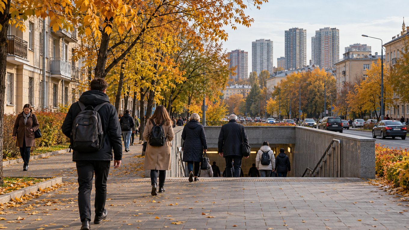 Улица старого района большого города осенью: люди идут по тротуару к спуску в метро, жёлтые деревья, вдали высотные жилые дома, без вывесок, логотипов и узнаваемых зданий. Изображение иллюстративное