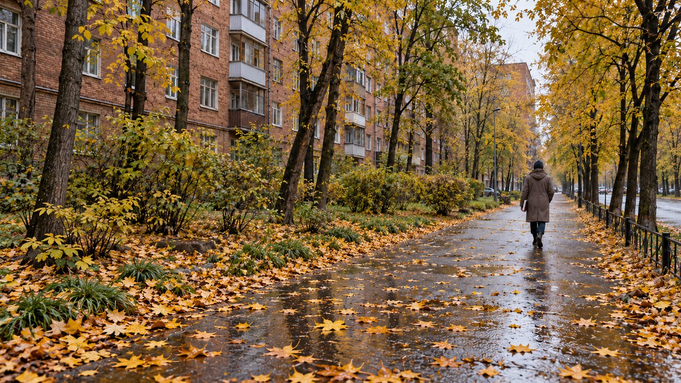 Тихая московская улица осенью: кирпичные девятиэтажные дома за деревьями, прохожий с книгой, без надписей и вывесок. Изображение иллюстративное