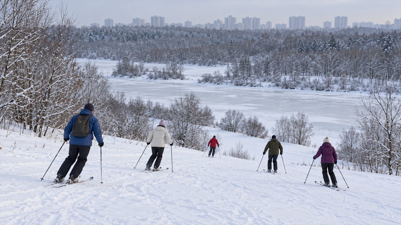 Зимний склон в городском парке: несколько лыжников спускаются к замёрзшей речке, на заднем плане лес и многоэтажные дома без деталей и надписей. Изображение иллюстративное