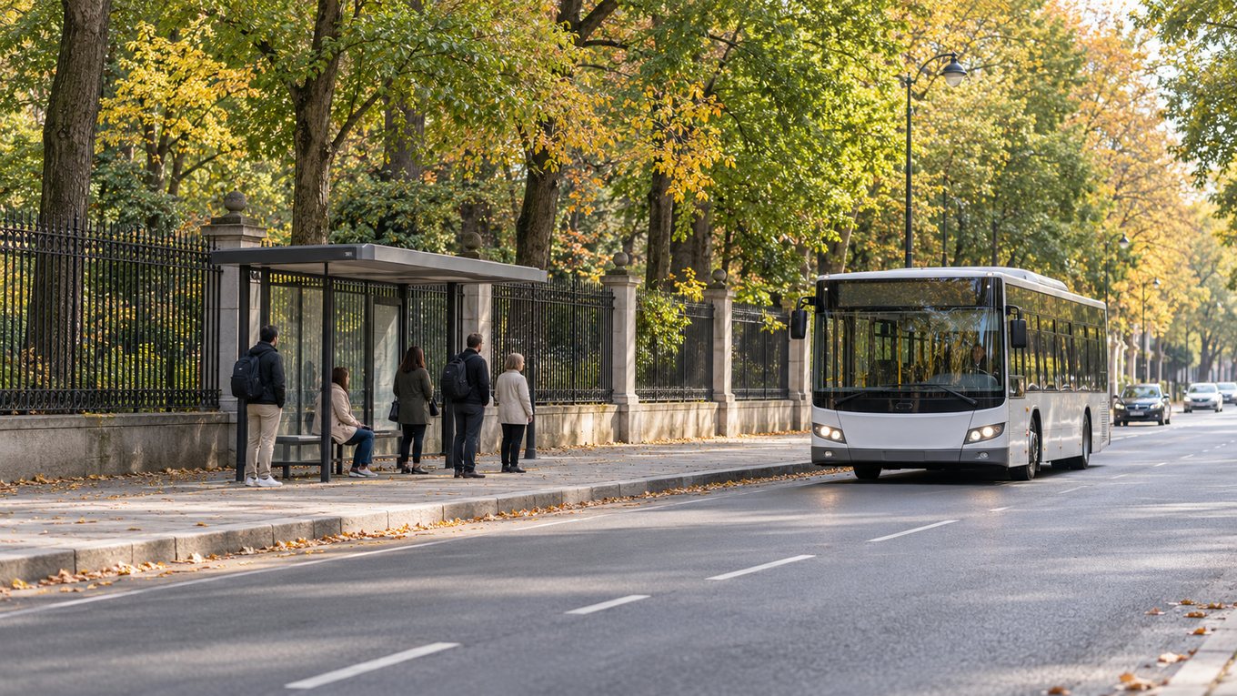 Автобусная остановка на зелёной улице у ограды парка, люди ждут автобус, без надписей, номеров и логотипов. Изображение иллюстративное