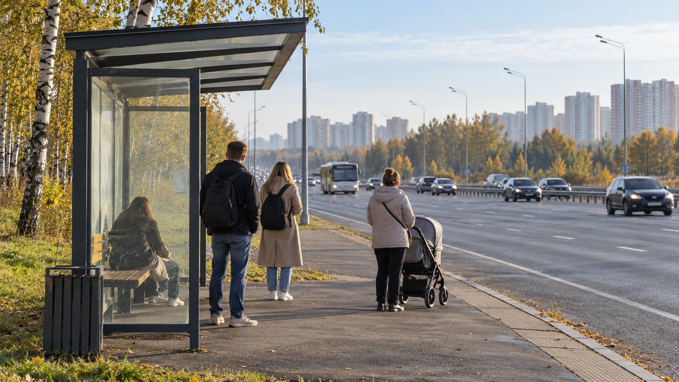 Остановка пригородного автобуса у широкого шоссе осенним утром: люди с рюкзаками и женщина с коляской ждут автобус, вдали жилые дома, без номеров маршрутов, надписей и вывесок. Изображение иллюстративное