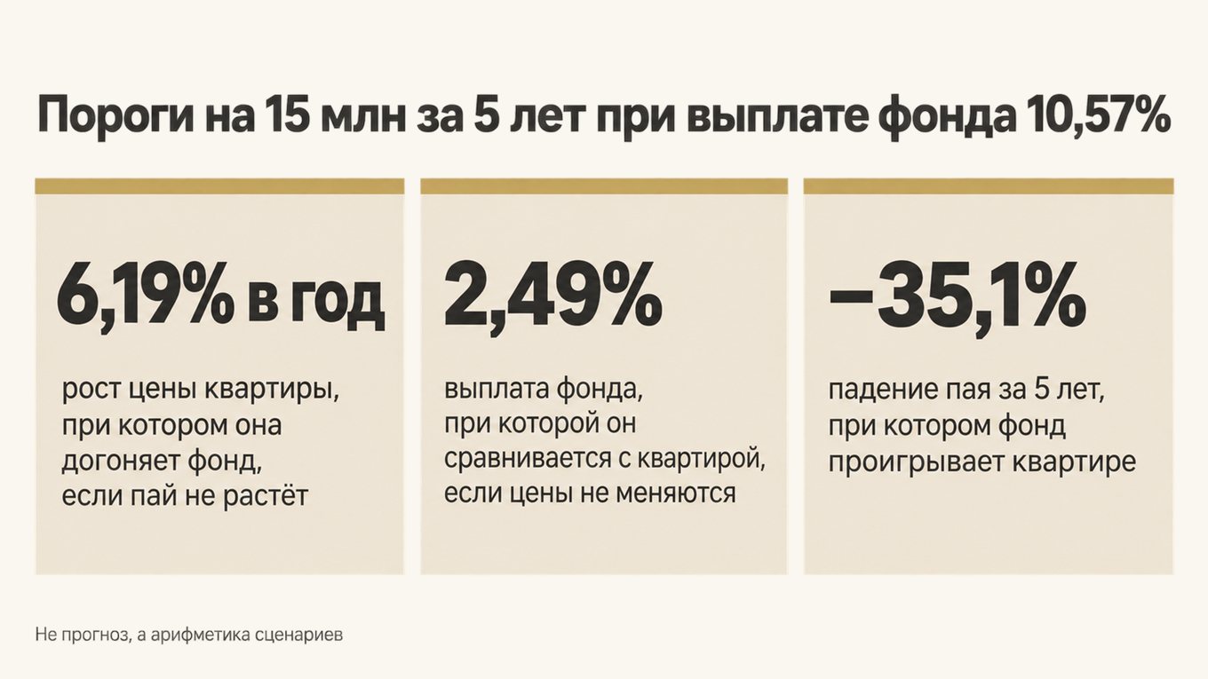 Инфографика: квартира догоняет фонд при росте цены 6,19% в год, если пай не растёт; фонд сравнивается с квартирой при выплате 2,49%; фонд проигрывает, если пай за 5 лет падает больше чем на 35,1%
